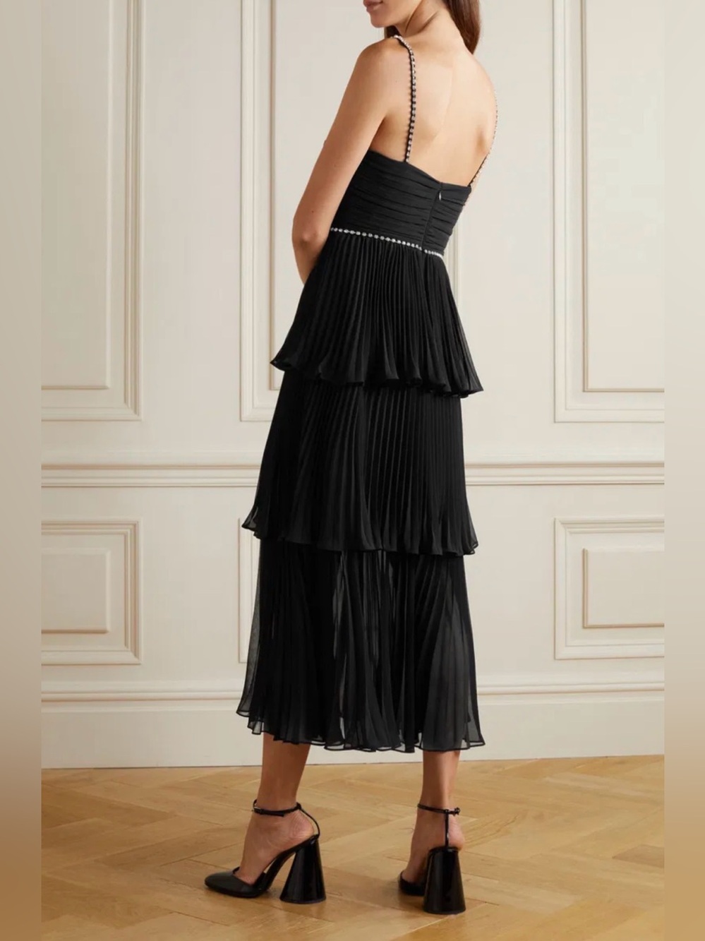Self-Portrait Embellished Pleated Chiffon Midi-Dress size 2 - Picture 4 of 16